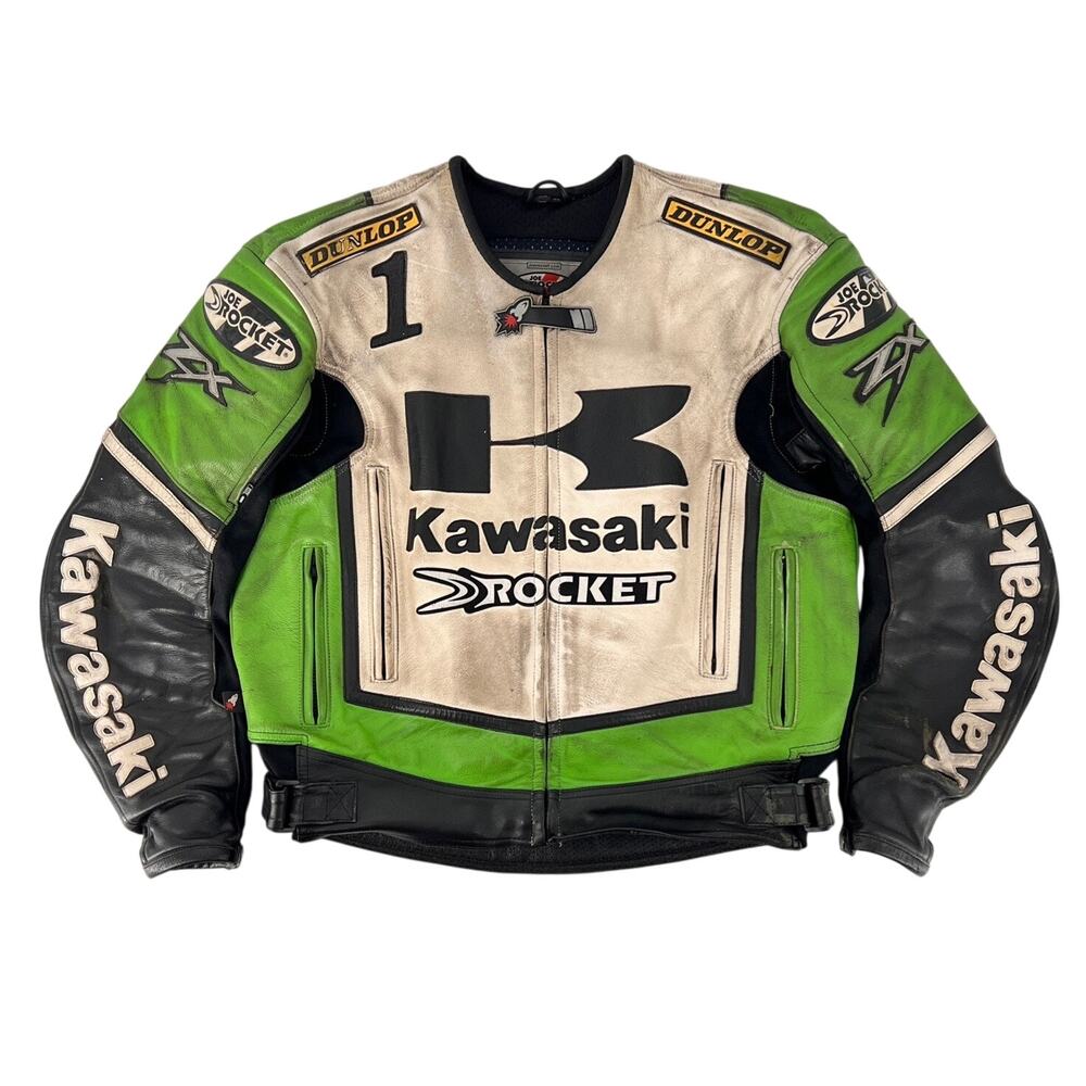 Kawasaki Joe Rocket Racing Green Leather Motorcycle Jacket Dunlop Y2K Vintage